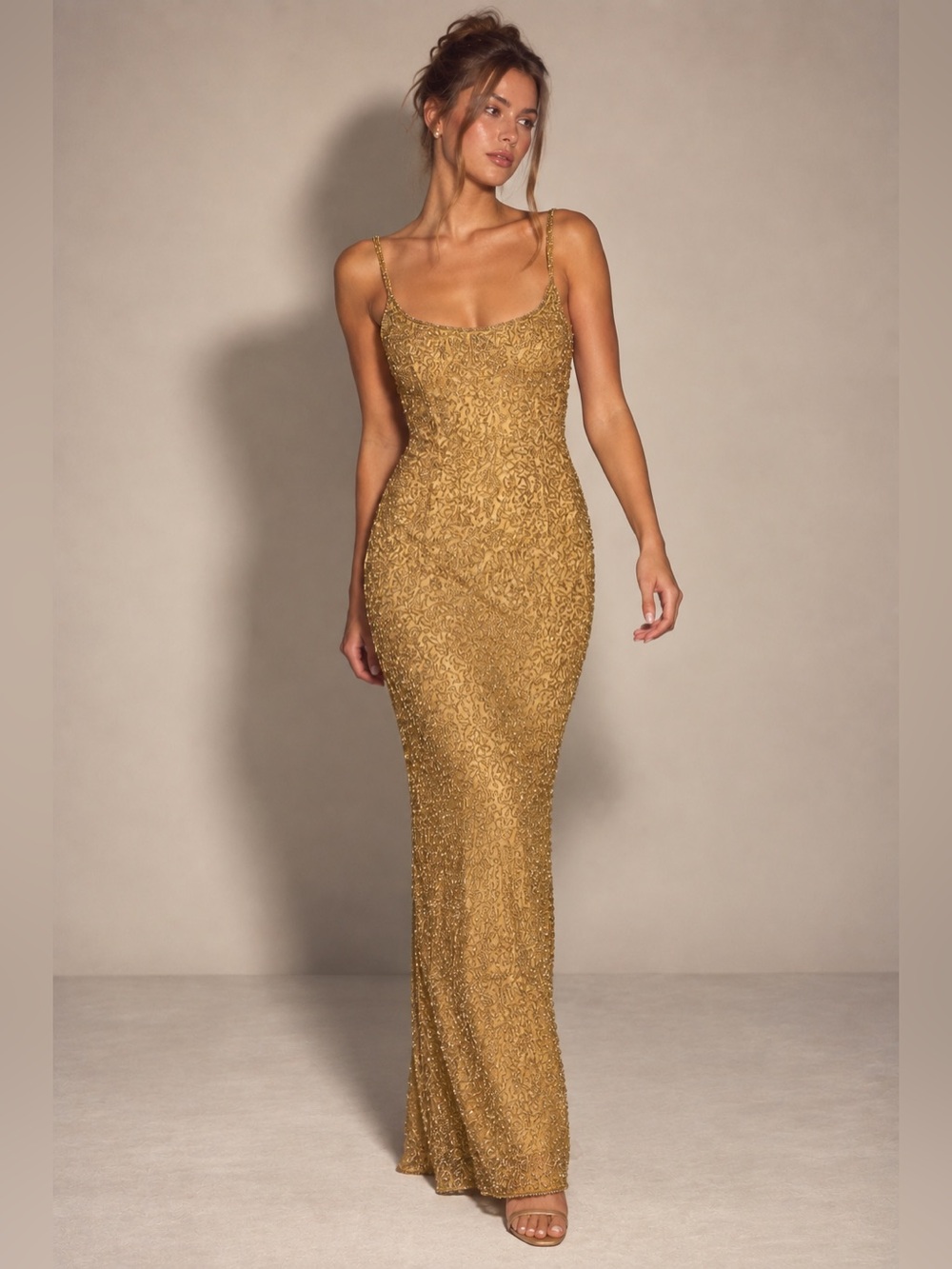 Vintage 90s Sean Collection Silk Beaded Evening Gown – Gold – L